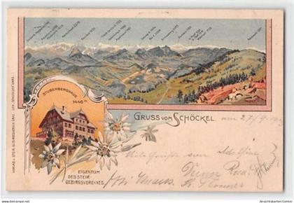 39108968 - Lithographie St. Radegund bei Graz. Gruss vom Schoeckel mit Stubenberghaus, Eigentum des Steir. Gebirgsverei
