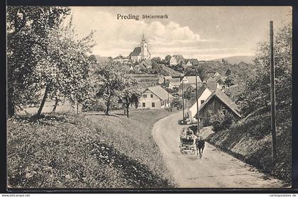 AK Preding / Steiermark, Teilansicht mit Pferdewagen