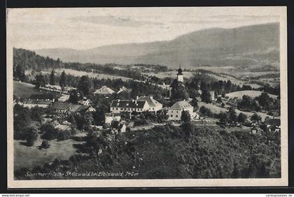 AK St. Oswald bei Eibiswald, Gesamtansicht mit Kirche gegen Hügellandschaft