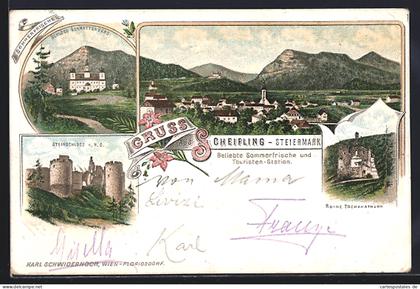 Lithographie Scheifling, Steinschloss, Ruine Tschakathurn, Schloss Schrattenberg