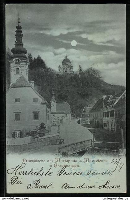 Mondschein-AK Ehrenhausen, Pfarrkirche am Marktplatz und Mausoleum