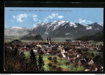 AK Götzis /Vorarlberg, Ortsansicht gegen Rhein u. Schweizer-Grenzgebirge