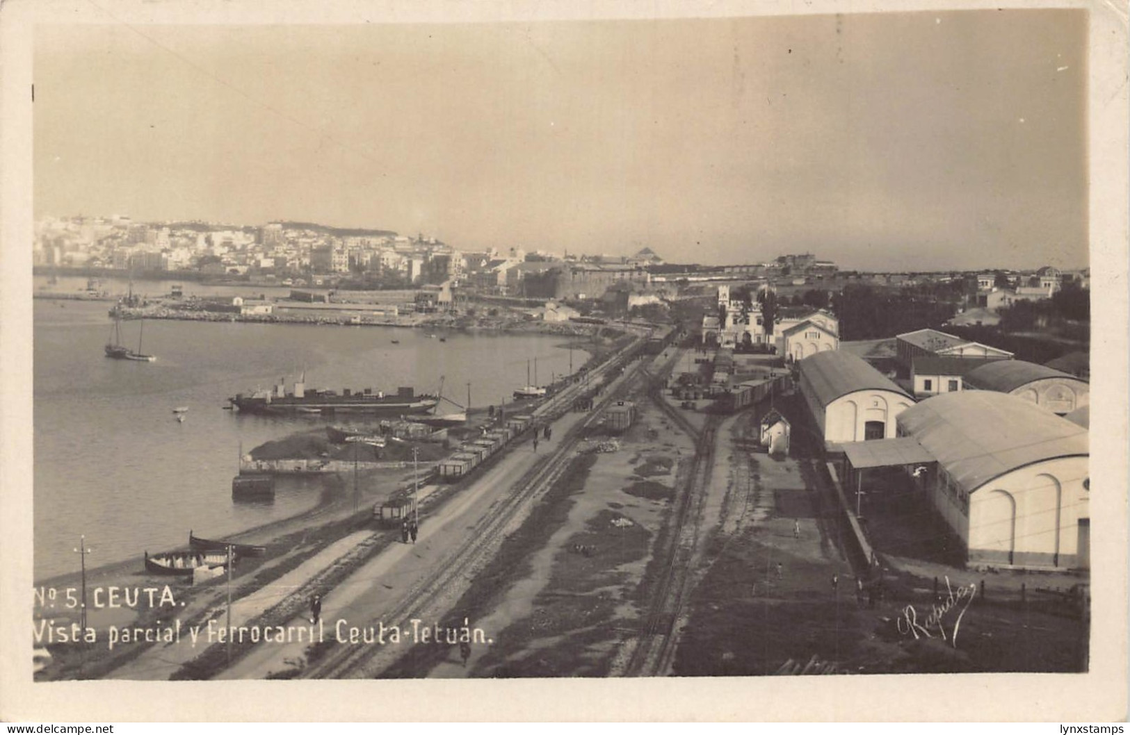 B139 Spain Ceuta Vista Parcial y Ferrocarril Tetuan Boats RPPC postcard