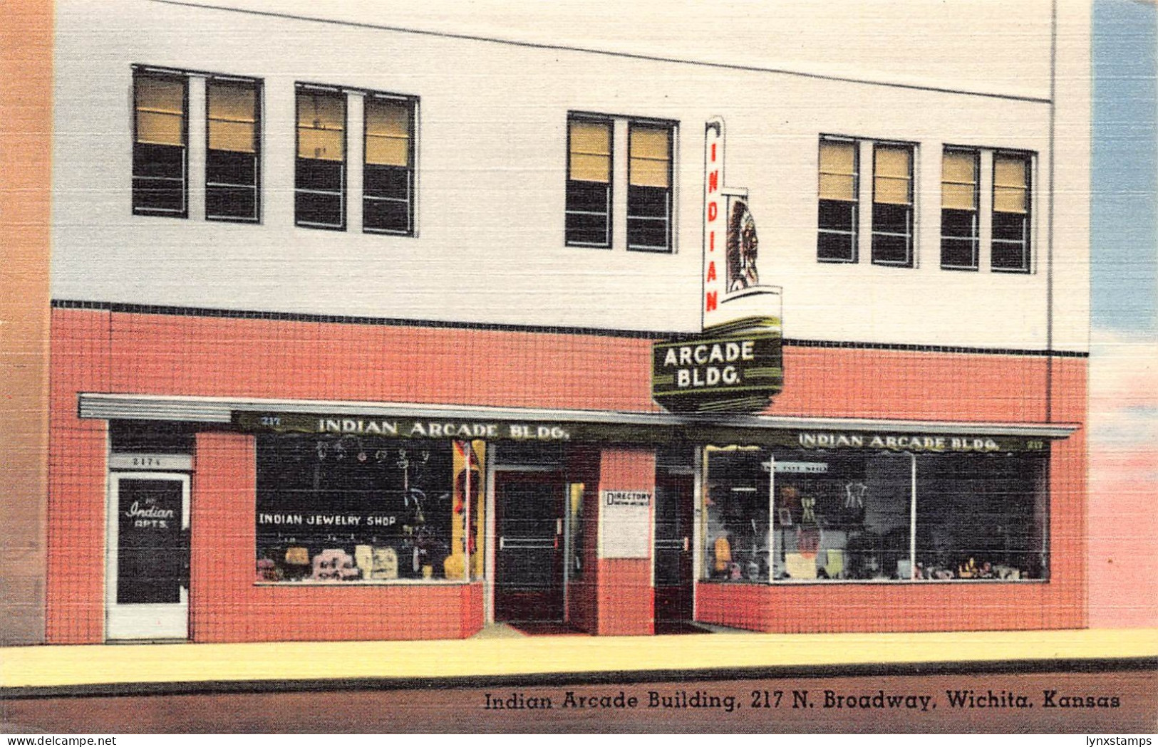 B185 US 1953 Indian Arcade Building Broadway Wichita Kansas vintage postcard