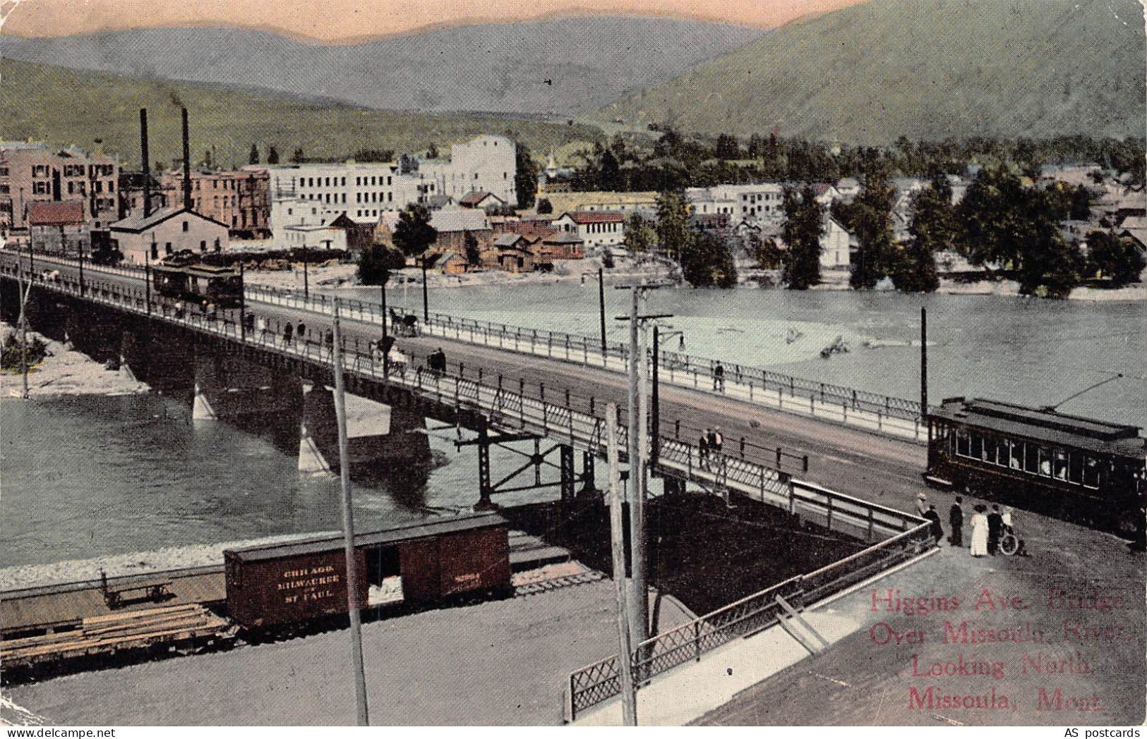 B355 US Higgins Avenue Bridge Over Missoula River Montana Tram vintage postcard