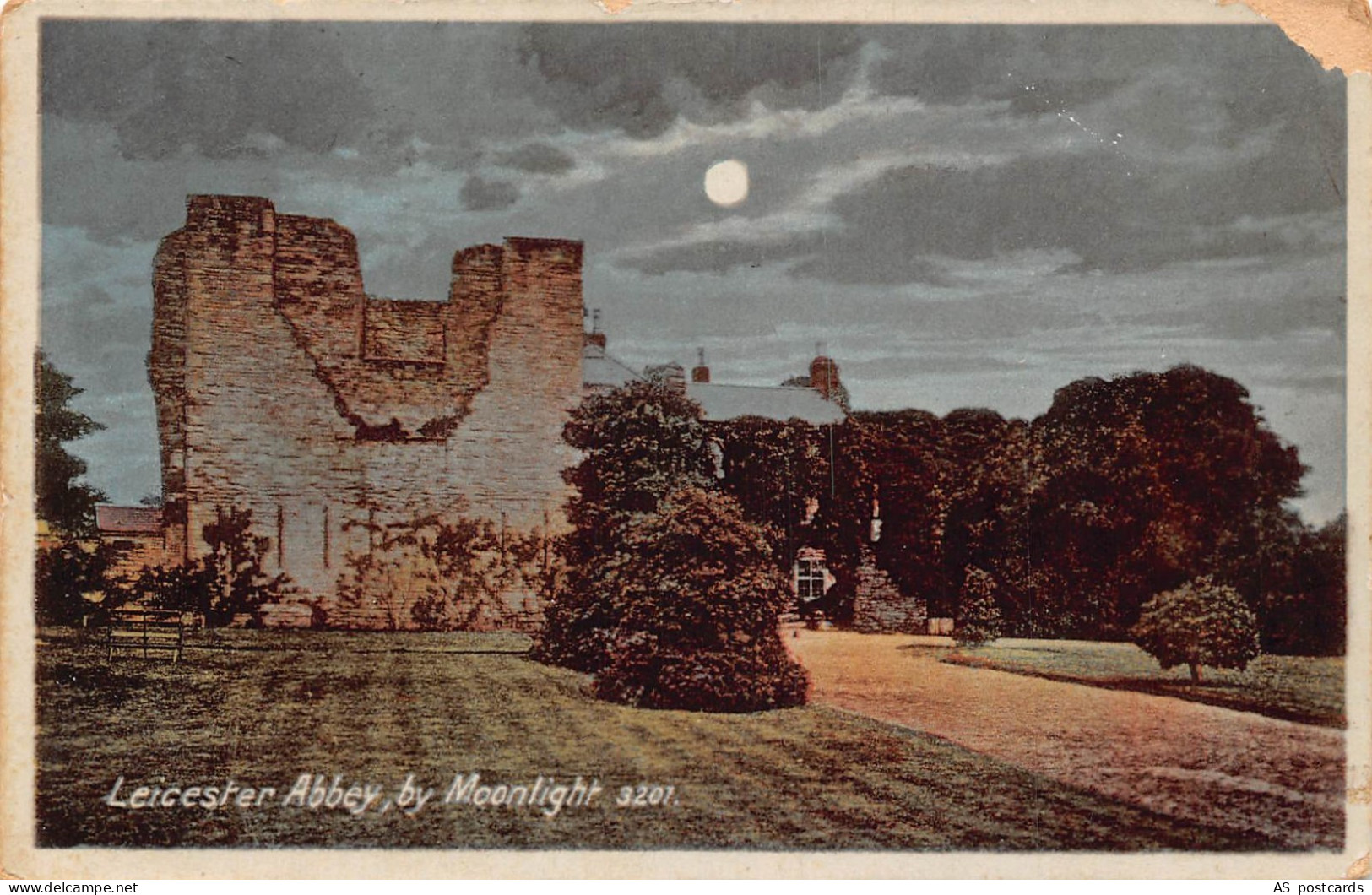 B394 England Leicester Abbey by Moonlight vintage postcard