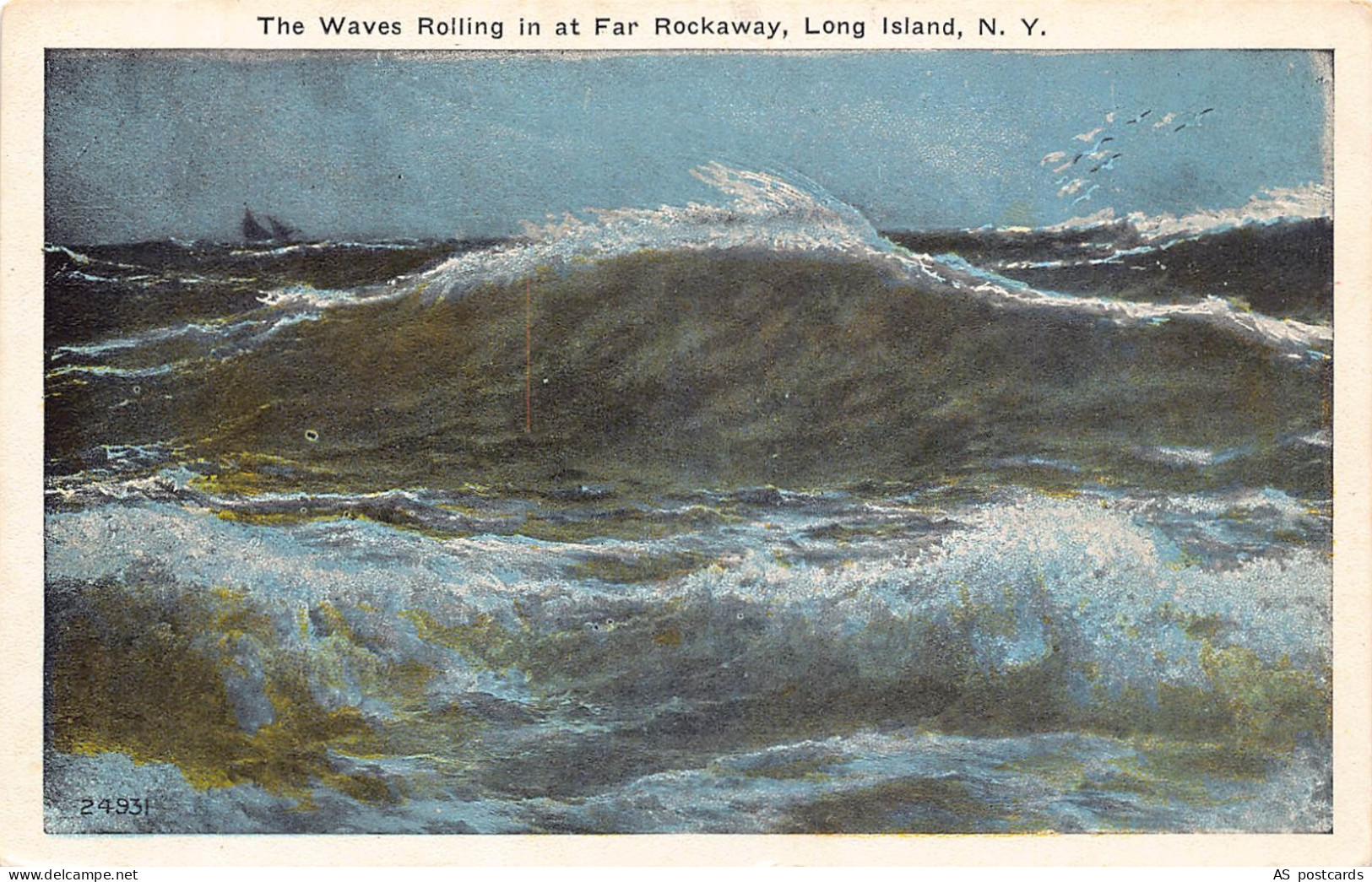 B525 US Waves Roll in at Far Rockaway Long Island New York vintage postcard