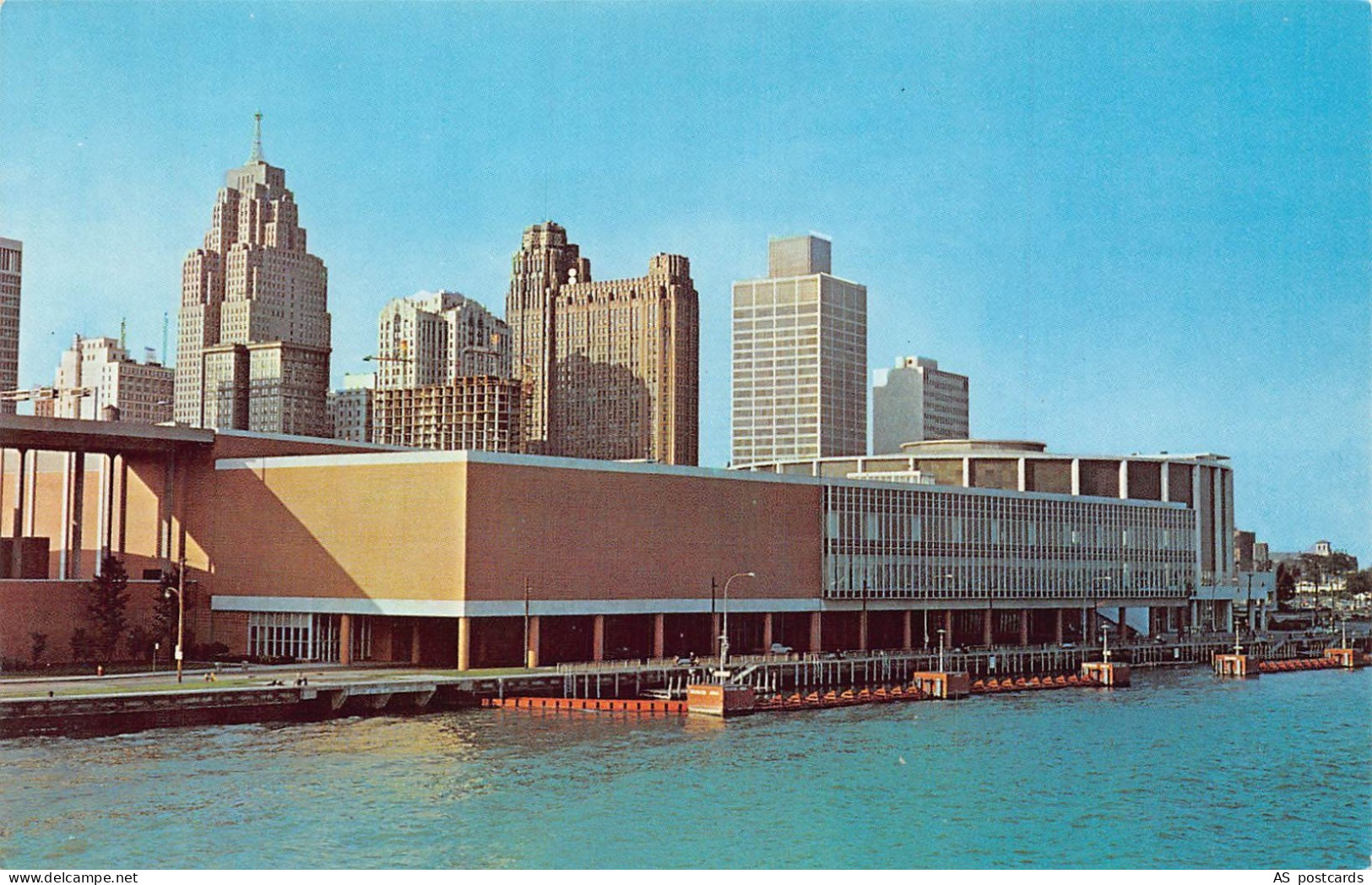 B539 US Cobo Hall from Detroit River Detroit Michigan vintage postcard
