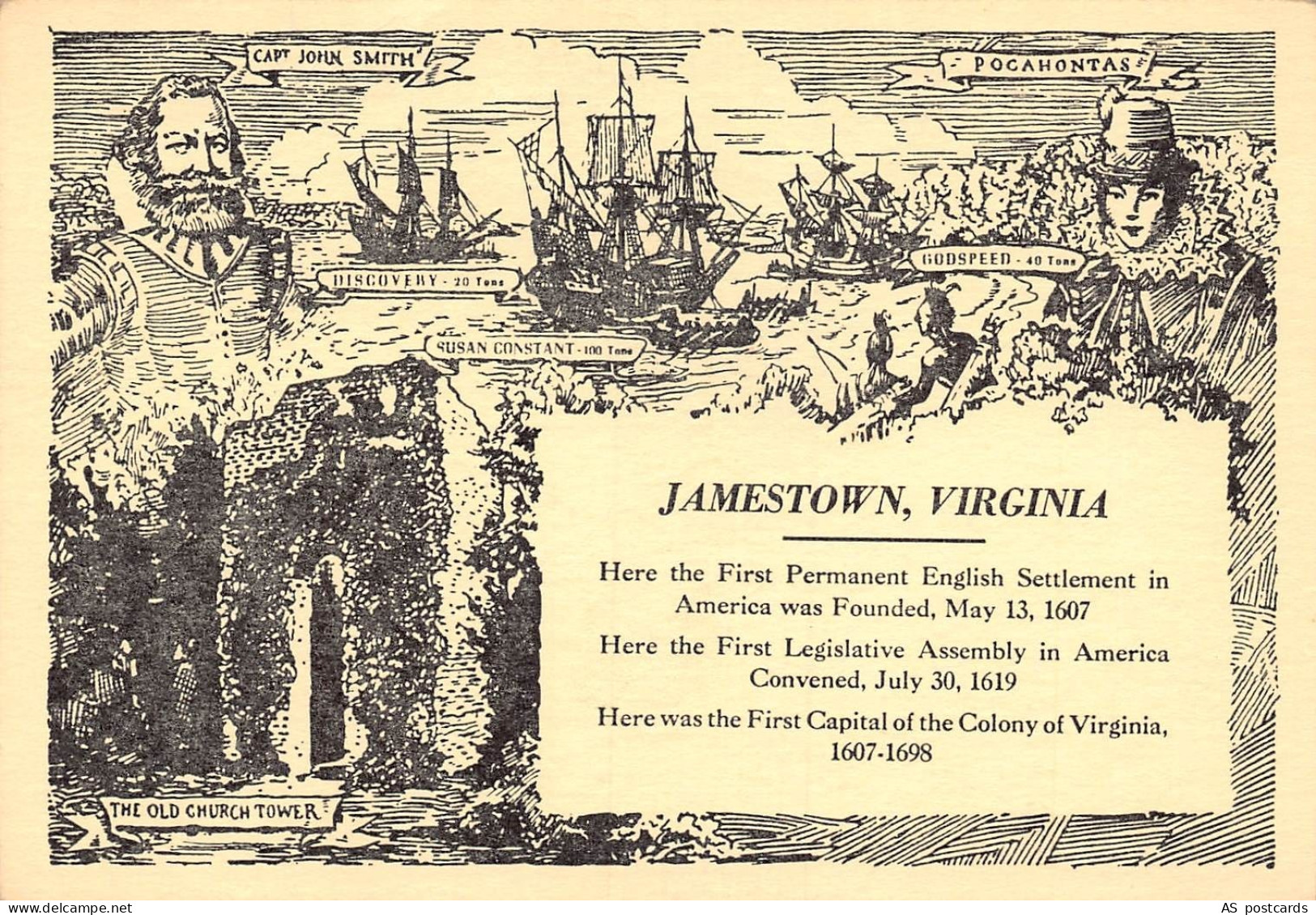 B598 US Capt John Smith Pocahontas Old Church Tower Jamestown Virginia postcard