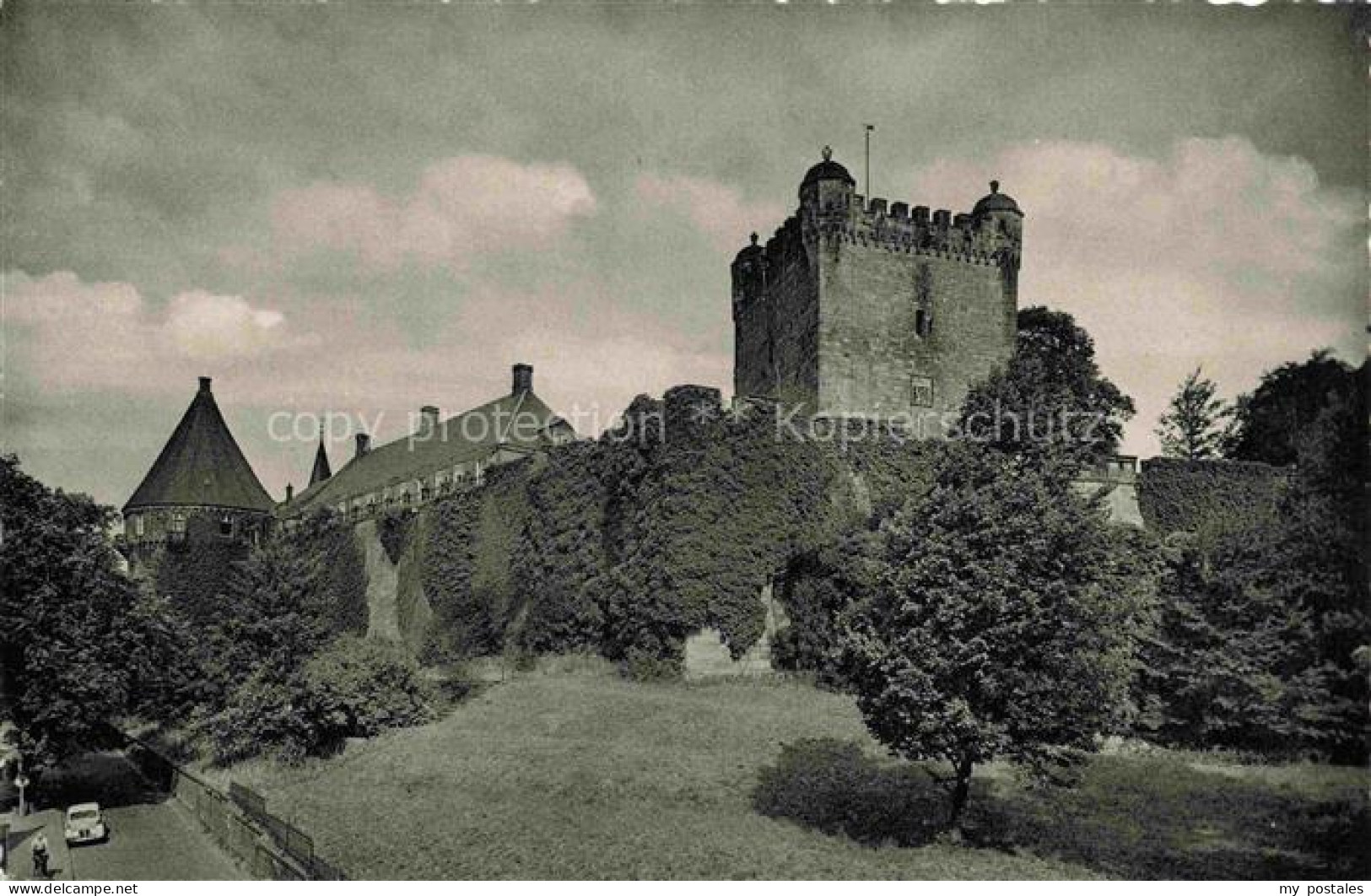 Bad Bentheim Burg-Bentheim Burgturm Zinnen Burgmauer Efeu Baeume Auto
