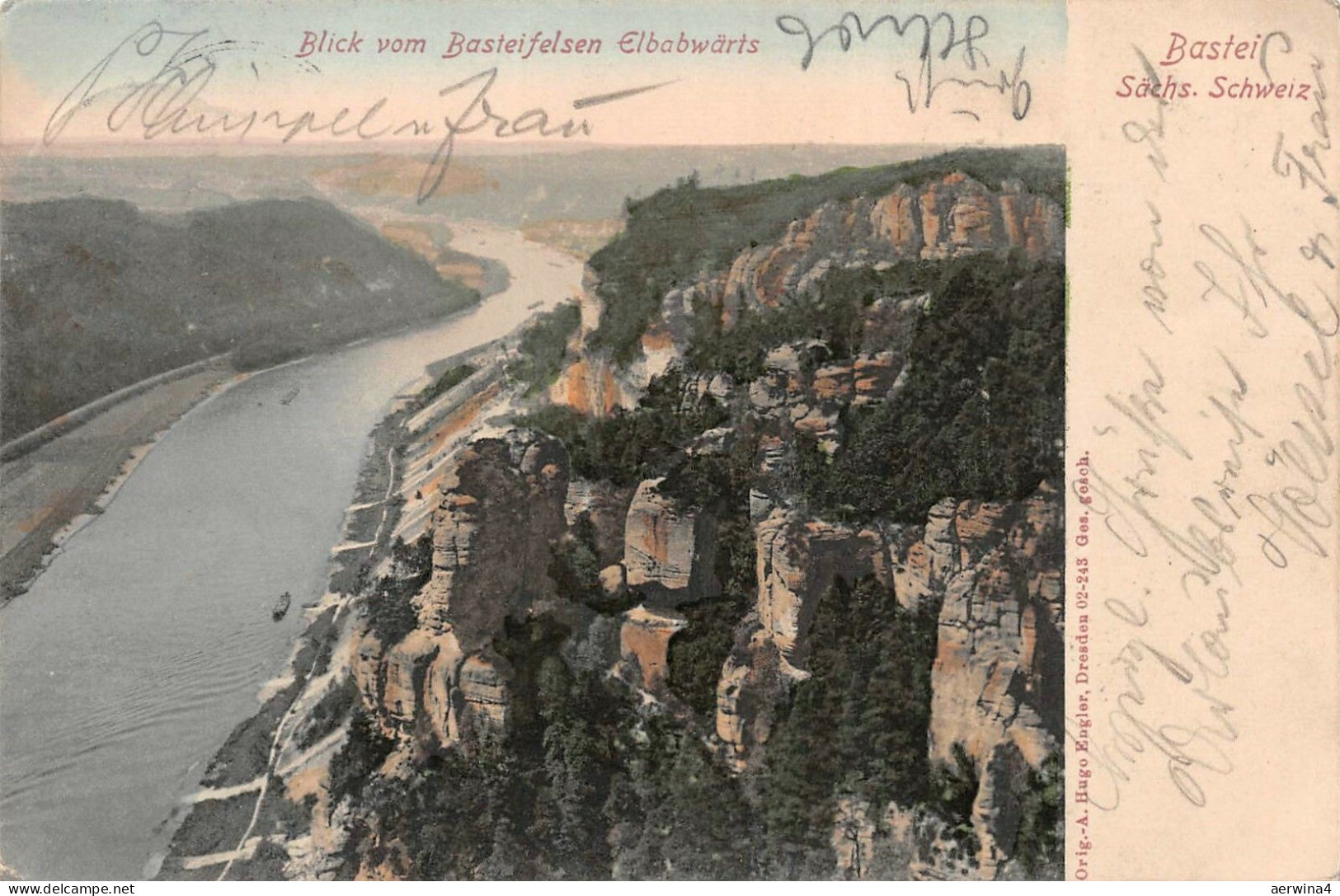 Bastei Sächs. Schweiz Blick vom Basteifelsen Elbabwärts Postkarte AK 1905