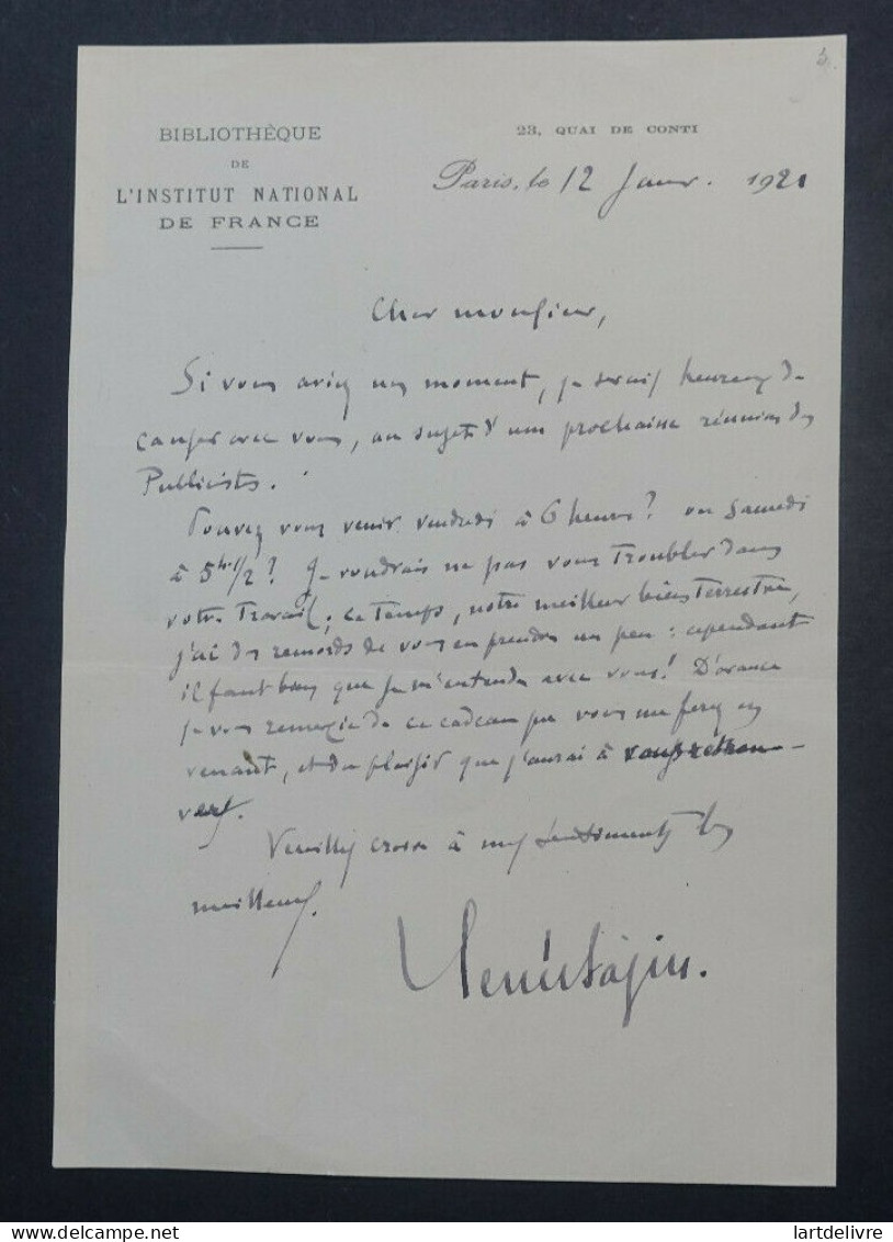BAZIN René - LETTRE AUTOGRAPHE SIGNEE, Paris, 12 janvier 1921