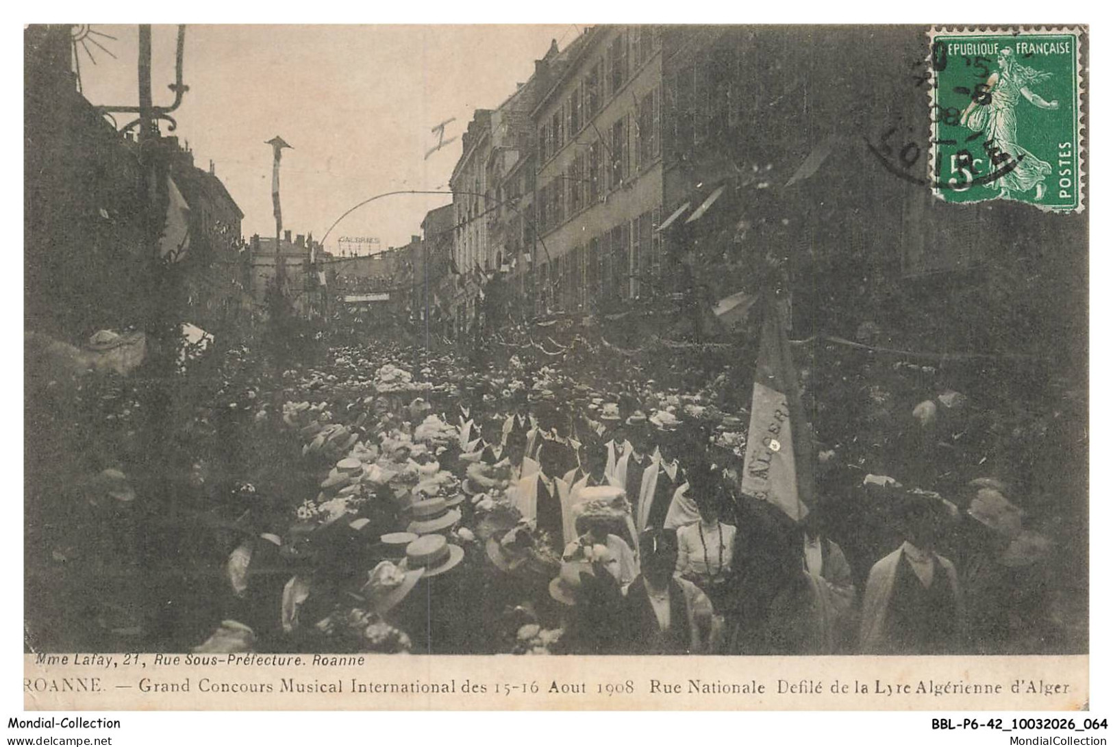 BBLP6-0488-42 - ROANNE - Grand concours musical international des 15-16 aout 1908 rue nationale defile de la lyre algeri