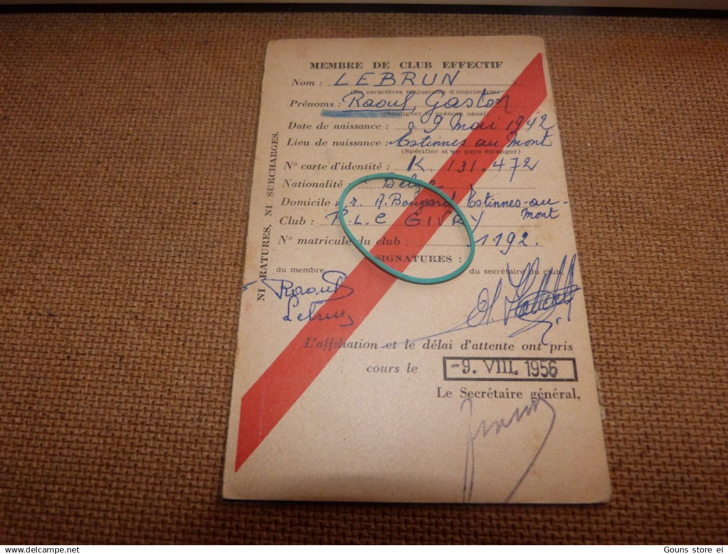 BC27-8   Carte affiliation football  Givry R lebrun Estinnes au Mont 1956