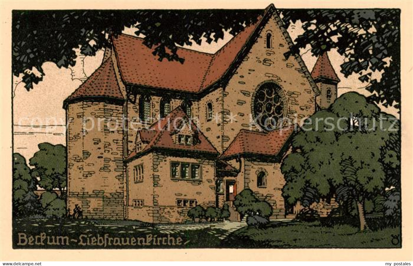 Beckum  Westfalen Liebfrauenkirche Aussenansicht Kuenstlerkarte Steinzeichnung
