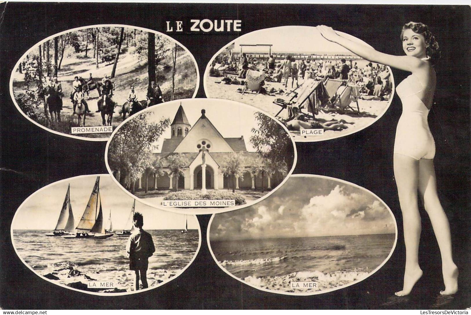BEGIQUE - Le Zoute - Promenade - Plage - L'Eglise des Moines - La Mer - Carte postale ancienne