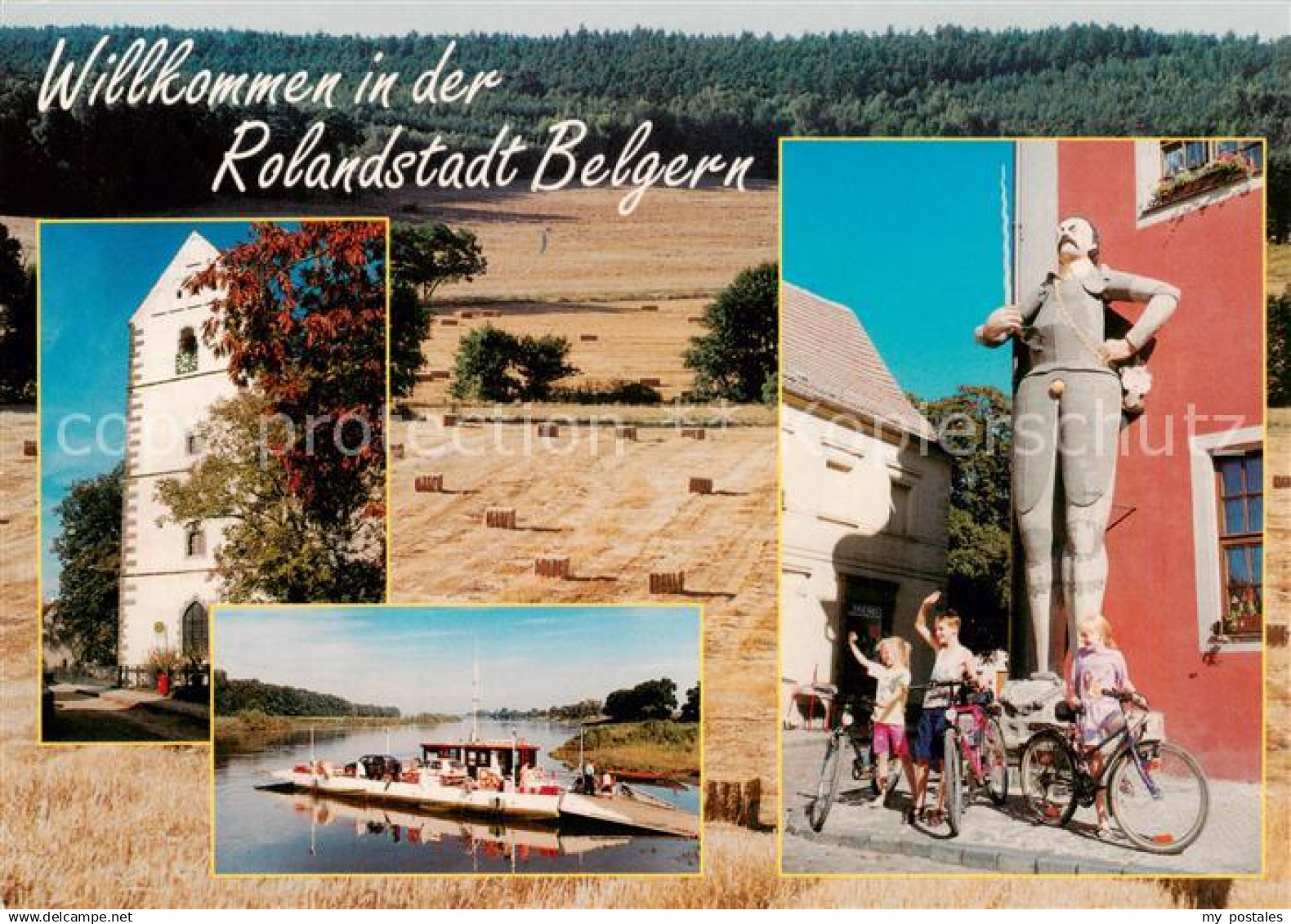 Belgern Elbe Bartholomaeuskirche Elbe mit Gierseilfaehre Roland Statue Heideland
