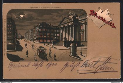 Mondschein-Lithographie Brüssel / Bruxelles, la Bourse et la Boulevard Anspach