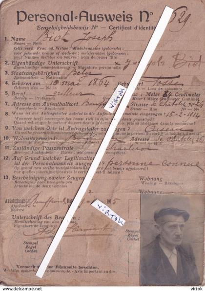 FOSSES   : Personal-Ausweiss   :  Joseph Biot         20.5 x 15 cm  (  WW1  14-18  )