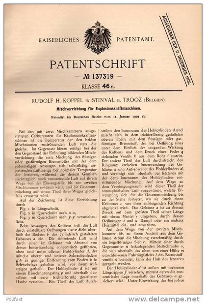 Original Patent  - R. Koppel in Stinval b. Sprimont ,1902, Apparat für Motoren , Carburator , Motor , Moteur , Trooz !!!