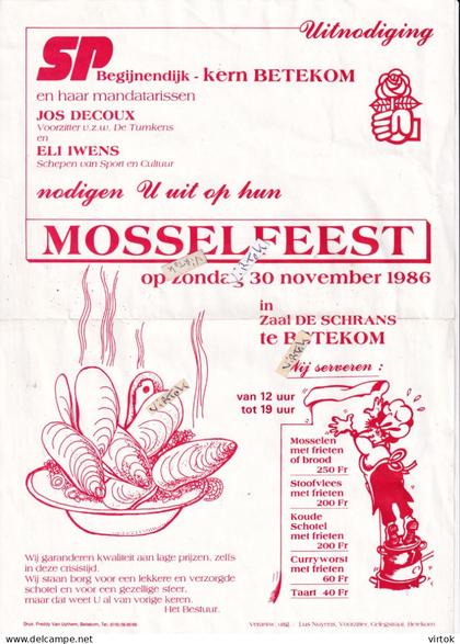 Betekom ( Begijnendijk ) :  SP mosselfeest 1986 in zaal de schrans  (  DOC A4 )