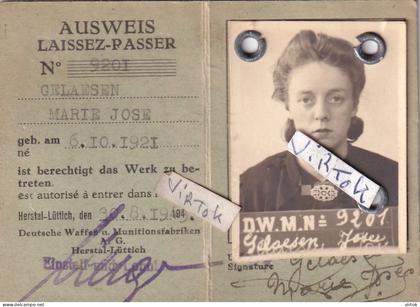 HERSTAL - Liège : AUSWEIS LAISSER PASSER : Marie José Gelaesen 10 x 7.5 cm   -