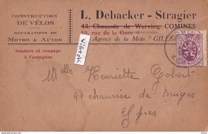 Comines  (  Komen-Waasten ) :  L. Debacker - Stragier : Construcion de Vélos - reperation MOTOS & AUTOS