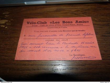 BC16-42 Cpa Convocation Vélo club les bons amis Blaton dunérailles Daniel Lefebvre 1966 Bernissart