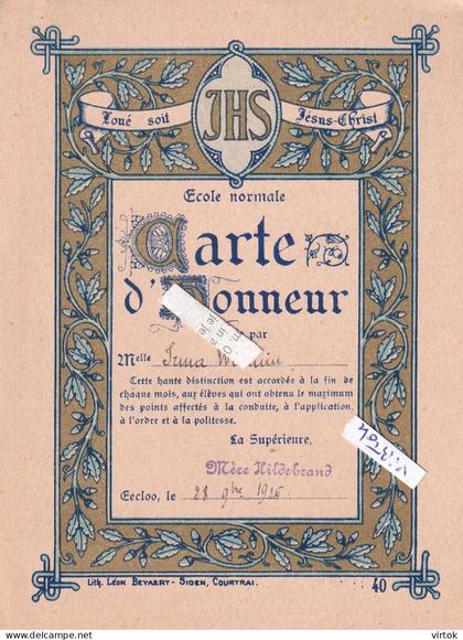 EECLOO - Eeklo : carte d'Honneur :   ecole normal  1926