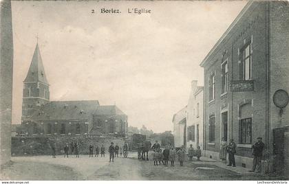 [-50%] Belgique - Borlez -  L'église - N.L. - Clocher - Animé - Attelage - Café négociant  -  Carte Postale Ancienne