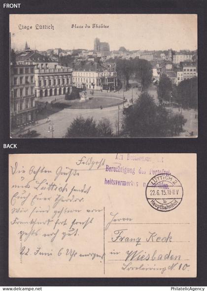 GERMANY 1915, Field postcard from Liege Belgium to Weisbaden, Liege, WWI