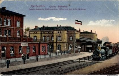 CPA Herbesthal Lontzen Wallonien Lüttich, Grenzbahnhof, Gleisseite, Dampflok