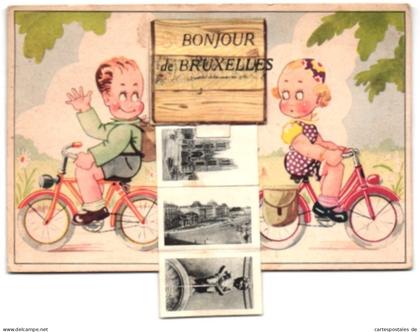 Leporello-AK Bruxelles, Panorama der Stadt, Börse, Kirche, Manneken Pis