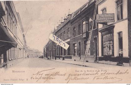 Mouscron : rue de la station et la post ( MARCOPHILIE : Van Mouscron naar Antwerpen - terug naar afzender -  REBUT  1906
