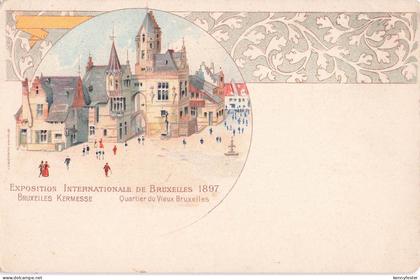Lithographie Bruxelles, Exposition Internationale 1897, Quartier du Vieux Bruxelles-Bruxelles Kermesse