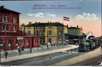 CPA Herbesthal Lontzen Wallonien Lüttich, Grewnzbahnhof, Lok
