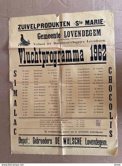 LOVENDEGEM : 1962  - Vluchtprogramma - Duivensport     (  affiche )   73 x 55 cm