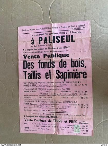 PALISEUL  : 1980-  vente publique des fonds de bois  .............. (  affiche )   55 x 36 cm