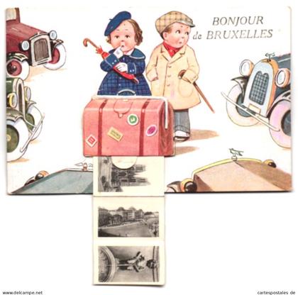 Leporello-AK Bruxelles, Stadtansicht mit Strassenbahn, Kathedrale, Manneken Pis