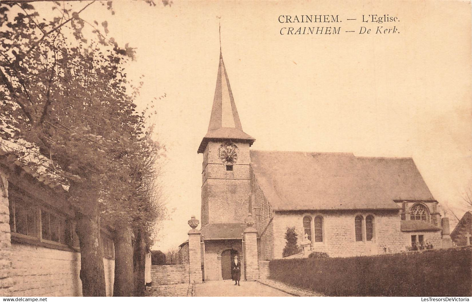BELGIQUE - Crainhem - Eglise - de Kerk - Flèche - Horloge - Portail - animé - ed Delcon Lacante - Carte Postale Ancienne