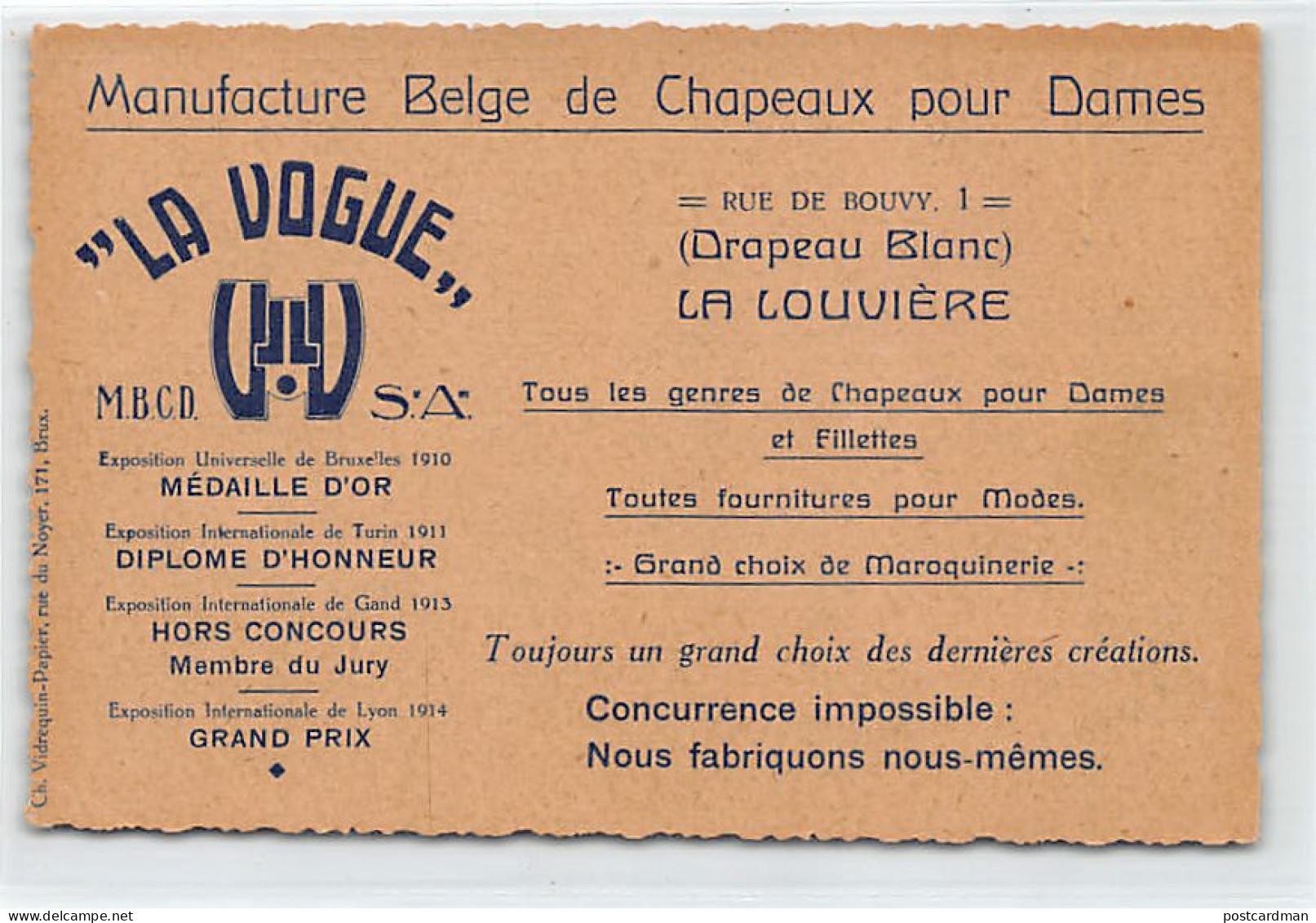 Belgique - LA LOUVIÈRE (Hainaut) Manufacture Belge de Chapeaux pour Dames La Vogue, Rue de Bouvy 1
