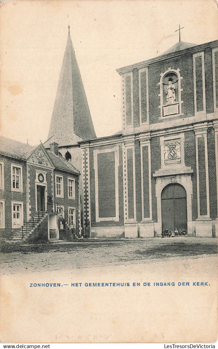 BELGIQUE - Zonhoven - Gementehuis - Kerk - Mairie - Eglise - Bâtiment - Clocher - Place - Animé - Carte postale ancienne