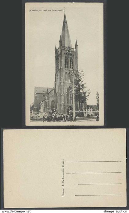 Belgium Jabbeke Kerk en Standbeeld Church Clock Tower Cathedral Old Postcard