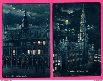 2 Cp Bruxelles la Nuit - Lune - Maison du Roi - Hôtel de Ville - Mairie - Animée - 1907