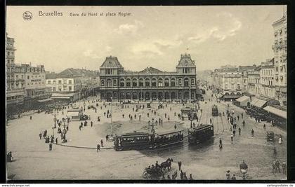 AK Brüssel / Bruxelles, Gare du Nord et place Rogier, North Station and Rogier Place, Strassenbahn vor dem Bahnhof
