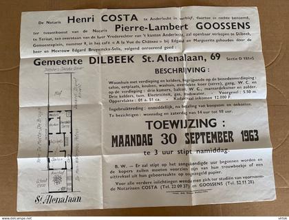 DILBEEK :  1963 - woonhuis te koop  St. Alenalaan 69  (  affiche )   60 x 48 cm ( notaris COSTA )
