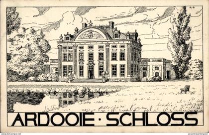 CPA Ardoye Ardooie Westflandern, ARDOOIE SCHLOSS, Zeichnung eines Schlosses, Wasser im Vordergrund