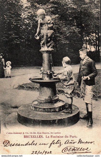 1902 Belgique  159 Bruxelles Forêts, parcs, jardins, La Fontaine du Parc posted to Argentina + transit mark of uruguay