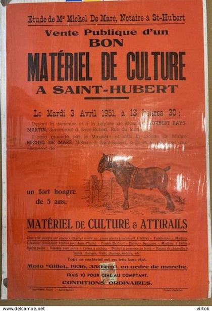 SAINT-HUBERT     : vente publique BON   Matériel de Culture     1951    ( 55 cm x 37 cm )