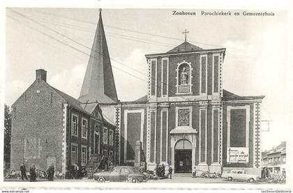 [-5%] BELGIQUE - Zonhoven - Parochiekerk en Gemeentehuis - Boekhandel  Daniëls-Bervoets  Dagbladen - Carte postale